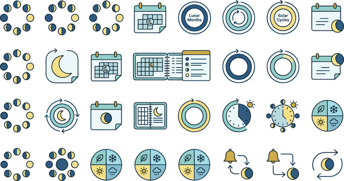 moon phases and lunar months line icons set with solar cycles calendar time and seasonal changes concepts