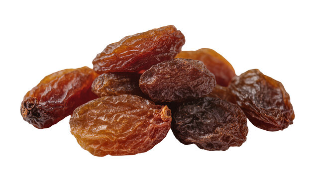 Isolated cluster of sweet dried brown raisins, a healthy snack and baking ingredient