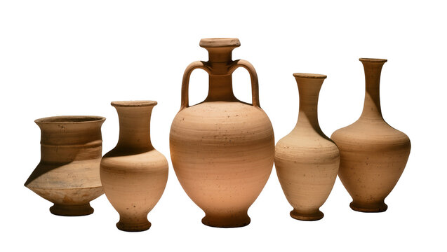Isolated collection of five ancient terracotta pottery vessels, including vases, jars, and amphora