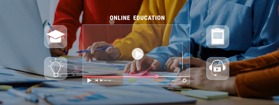 Engaging scene of students collaborating in an online education setting, using digital tools and multimedia resources for effective learning experiences. Trope