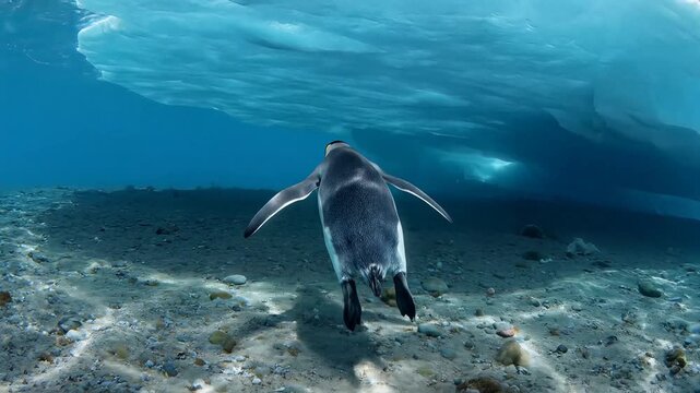 King penguin gracefully dives and swims underwater near an ice floe in cold Antarctic waters