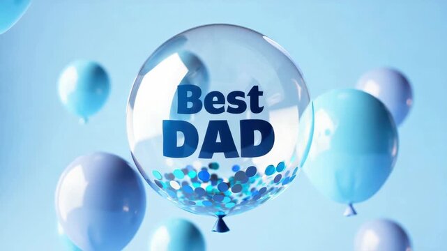 Best dad celebration with transparent balloon and confetti on blue background, happy father&rsquo;s day message floating among pastel colored balloons, appreciation for fatherhood and family love