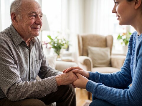 elderly man caregiver gratitude hands support trust homecare companionship comfort Close composition emphasizes caring touch and personal dignity senior man smiles while holding caregiver hand