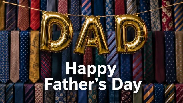 Happy Father&rsquo;s Day celebration with gold dad balloons and necktie background, festive greeting for best dad ever, stylish holiday decoration honoring fathers at home