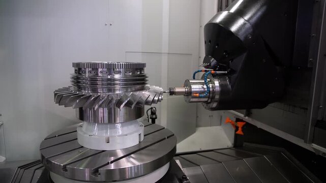 Industrial multi axis cnc machine carving steel turbine blade component inside precision manufacturing factory.