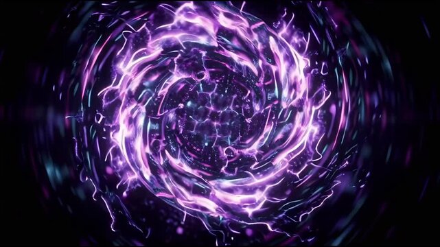 Abstract purple energy vortex with glowing neon spiral light and cosmic motion particles for futuristic digital background