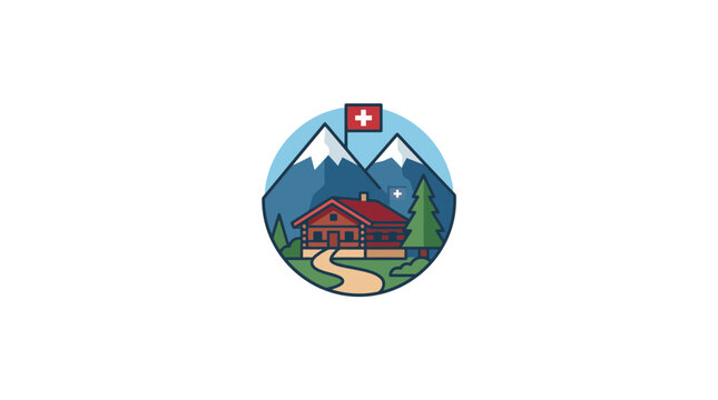 Swiss Alpine Chalet Landscape Illustration