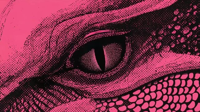 Reptile eye blinking motion video clip featuring intense pink aesthetic and detailed scales in a stylized digital graphic art animation