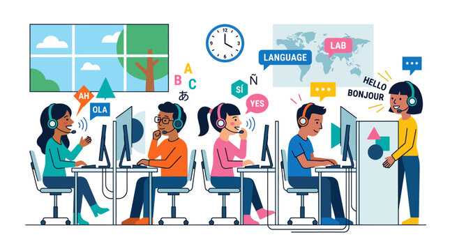 Diverse students learning languages in a modern classroom with computers and headsets