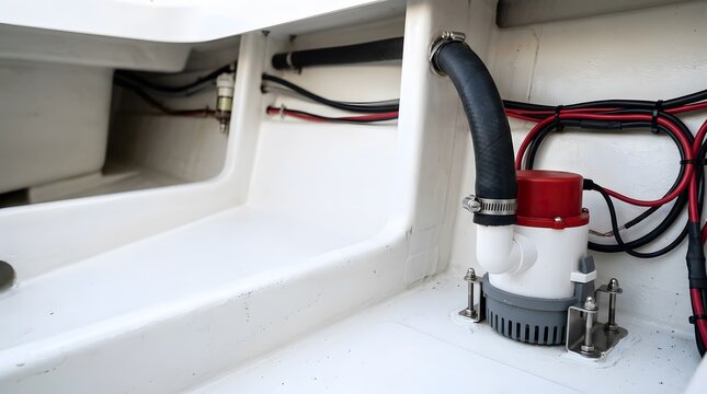 marine bilge pump installed inside clean boat compartment for vessel maintenance water management and operational reliability with copy space