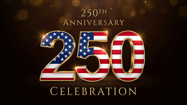 Two hundred fifty year anniversary celebration gold metallic number design with American flag textures isolated on dark background featuring elegant bokeh lights for patriotic events.