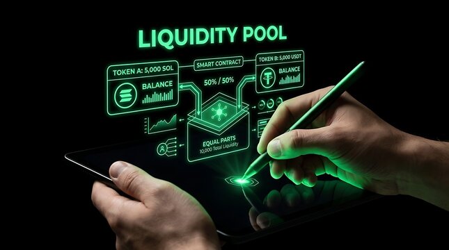 Conceptual illustration of cryptocurrency liquidity pool interface on a digital tablet.