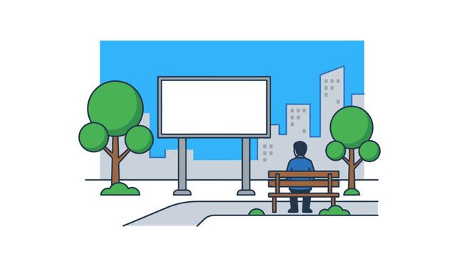 A man sitting on a park bench looking at an empty billboard.