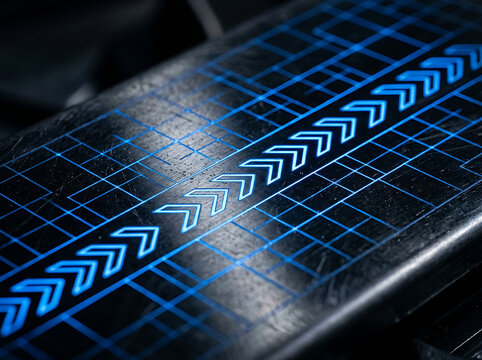 Blue arrows on black grid pattern surface for navigation and design