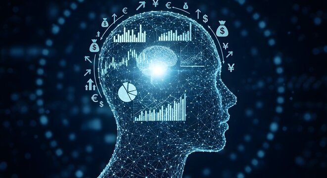 Human head silhouette made of connecting lines and dots, illustrating a brain with financial charts and business icons inside.