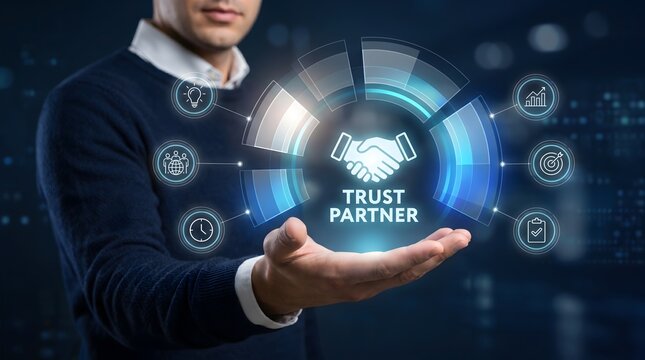 Corporate Trust Partner Concept with Handshake Hologram and Business Icons