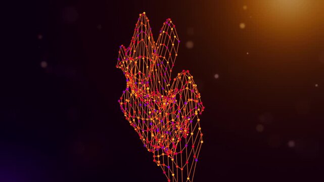 Dynamic Portugal map reveal animation formed by connected neural network lines and colorful nodes over a purple and orange bokeh background, representing data, AI, and digital transformation.