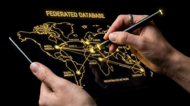 Person using a stylus to interact with a digital federated database world map.