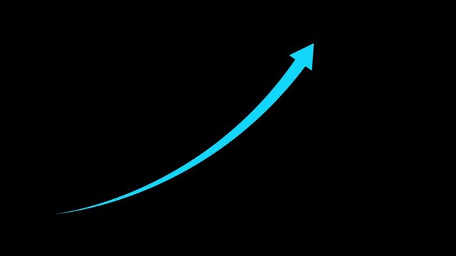 Animated light blue arrow growing upward on black background for business success concept