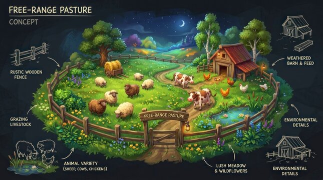 Idyllic Free-Range Pasture Concept with Farm Animals and Lush Greenery.