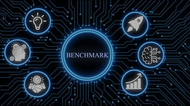 Benchmark performance concept with digital circuit board background, and business
