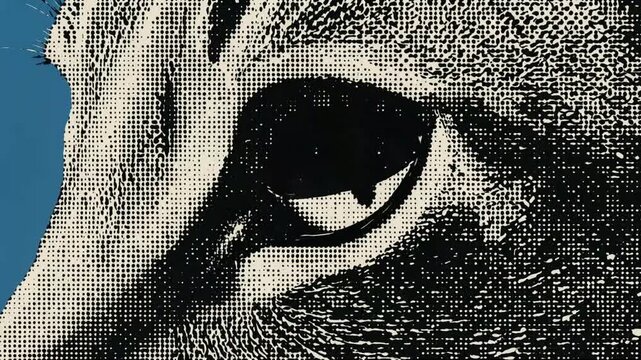 Cat eye closeup motion graphic featuring stylized halftone dot pattern texture in a high contrast black and blue video animation