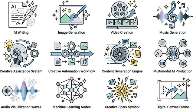 generative ai creative tools line icons set with content generation machine learning video music and automation workflow concepts vector