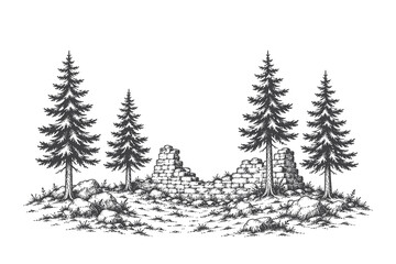 Obraz premium Detailed line art vector illustration of ancient stone wall ruins among forest trees, engraved historical landscape composition for design use