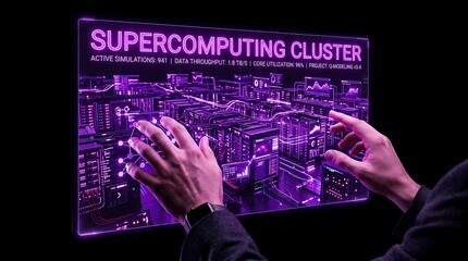 Fototapeta premium Professional technician interacting with a futuristic supercomputing cluster interface.