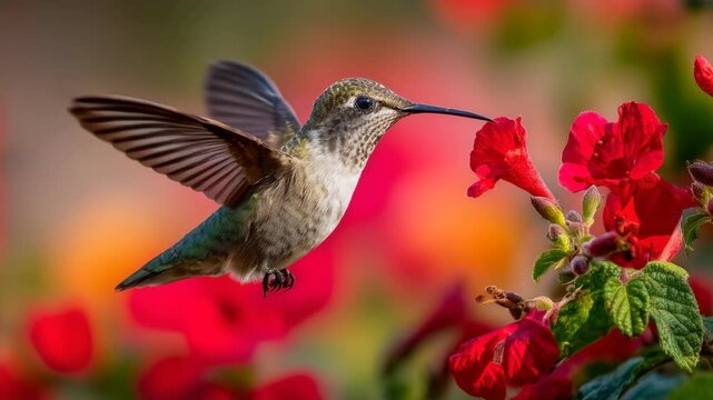 Hummingbird hovering near red flower in colorful garden, wing spread, feeding nectar from bloom, close up wildlife scene, vibrant spring nature, blurred background, pollination action