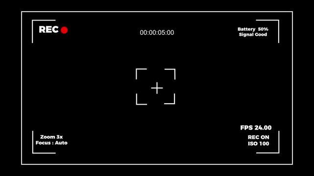 Clean digital video camera viewfinder interface overlay with REC sign and time counter.