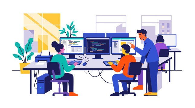Team of developers coding at computers in modern office, collaboration, programming