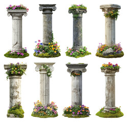 Naklejka premium PNG Ancient columns adorned flowers on transparent background
