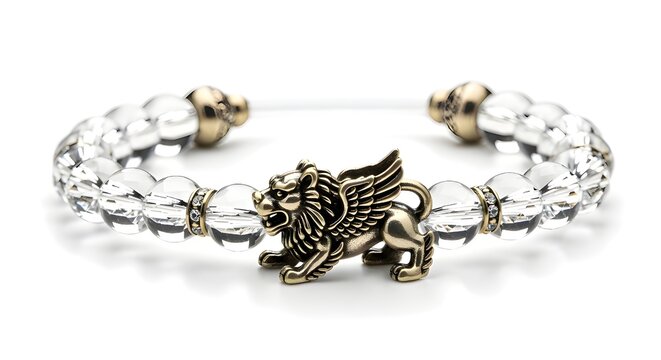 Elegant crystal bead bracelet featuring a vintage bronze winged lion chimera charm on a white background jewelry accessory