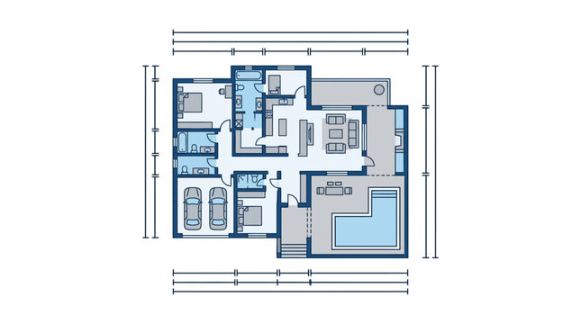 Architectural floor plan of a modern house with swimming pool and garage.
