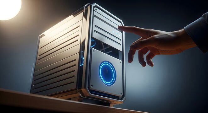 Mini server tower with illuminated blue accents and human interaction