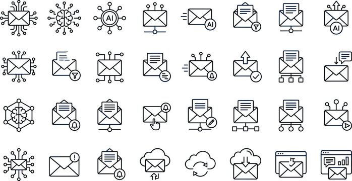 artificial intelligence mail line icons set with ai brain digital envelope network and smart data communication symbols vector illustration