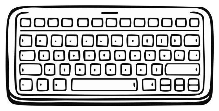 Hand drawn illustration of a computer keyboard with many keys and a simple outline style