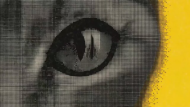Cat eye animation with halftone dot pattern effect showing intense feline gaze and abstract motion for digital background video footage