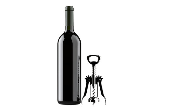 Isolated dark wine bottle and modern corkscrew ready for opening a delicious vintage