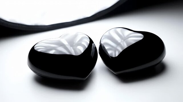 Two glossy black earbud shells with white marbled interiors resting on a white surface