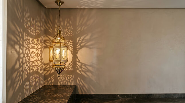Warm Lantern Glow Creating Elegant Shadow Patterns in a Serene Luxury Interior, Decorative lantern casting intricate shadows in a calm minimalist living space.
