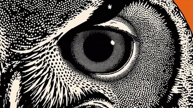 Owl eye animation motion graphic featuring detailed stippled ink drawing style with blinking motion for high quality video production assets