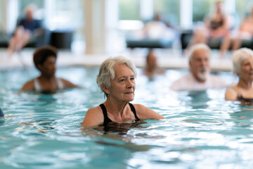 Fototapeta premium A senior woman participates in a calming pool exercise session, reflecting focus and tranquility while promoting health, community, and well-being among older adults.