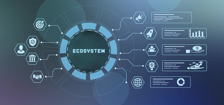 Interconnected digital software ecosystem concept featuring complex shared database nodes and data architecture.