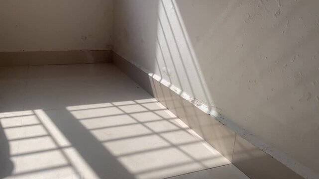 Sunlight casting sharp diagonal striped shadows on an indoor dampness moldy patches painted wall