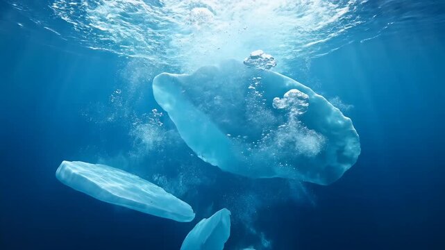 Large ice fragments sinking into the deep blue ocean with air bubbles and light rays from the surface