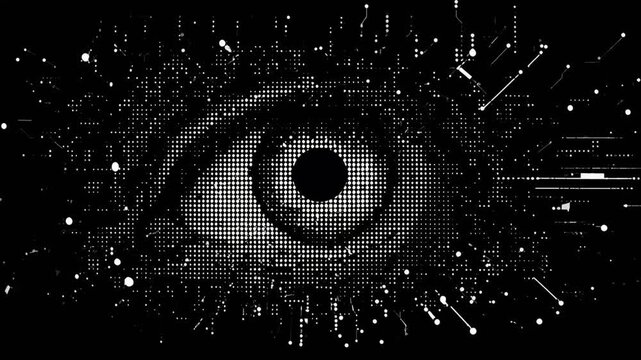 Digital eye motion graphic featuring abstract binary data patterns and glowing circuit board nodes for futuristic technology video projects