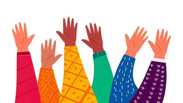 Isolated group of diverse hands raised together, symbolizing unity, support, and community participation.
