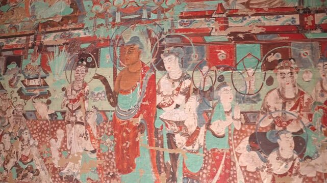 The mural art of the Mogao Grottoes in Dunhuang, China: Ancient Eastern art. Ancient Chinese murals, a sister piece to the Dunhuang murals, the Yulin Grottoes, Buddhist mural art.